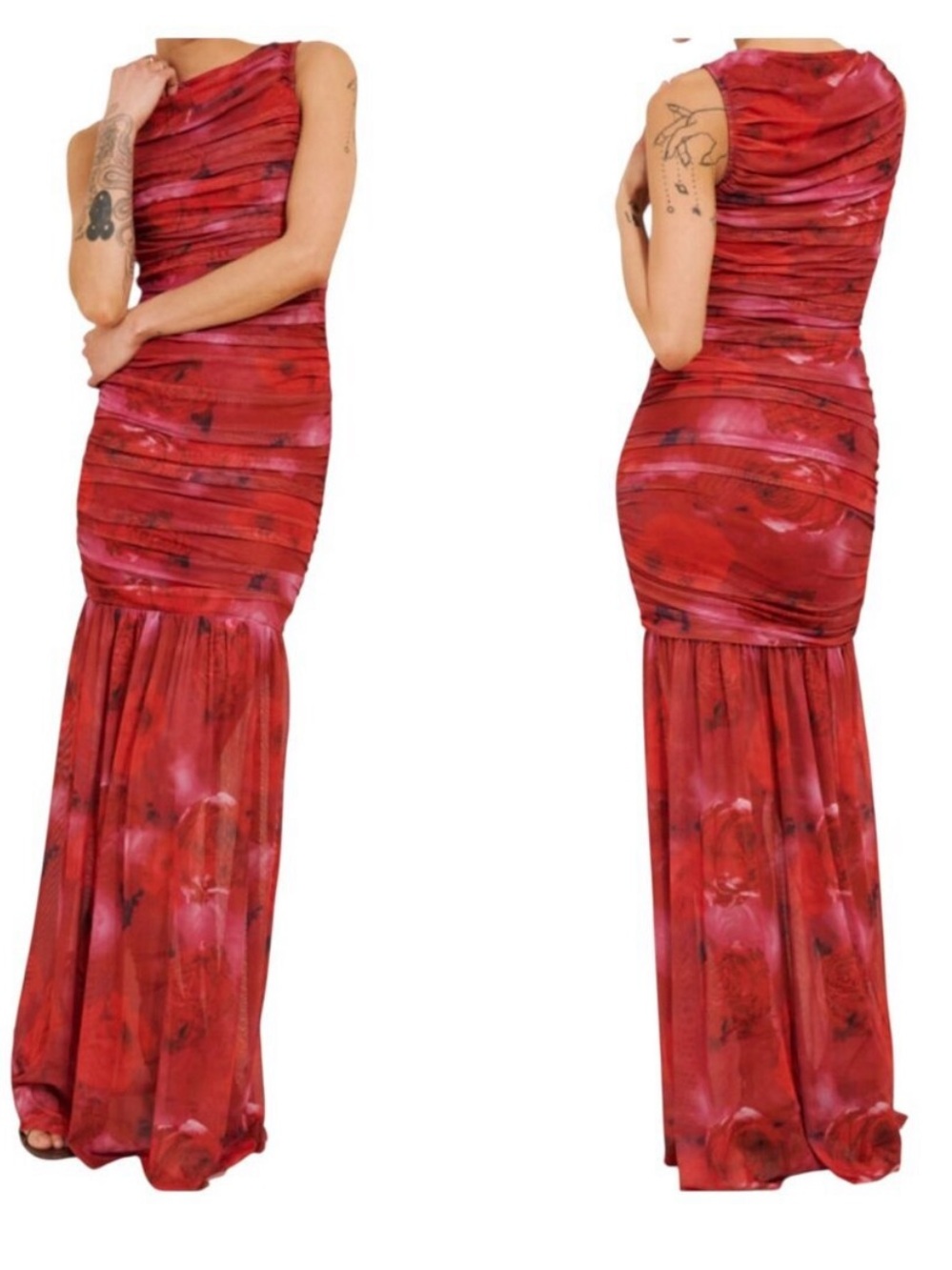 Elliatt Elise Ruched Mesh Maxi Dress Red Rose Print medium